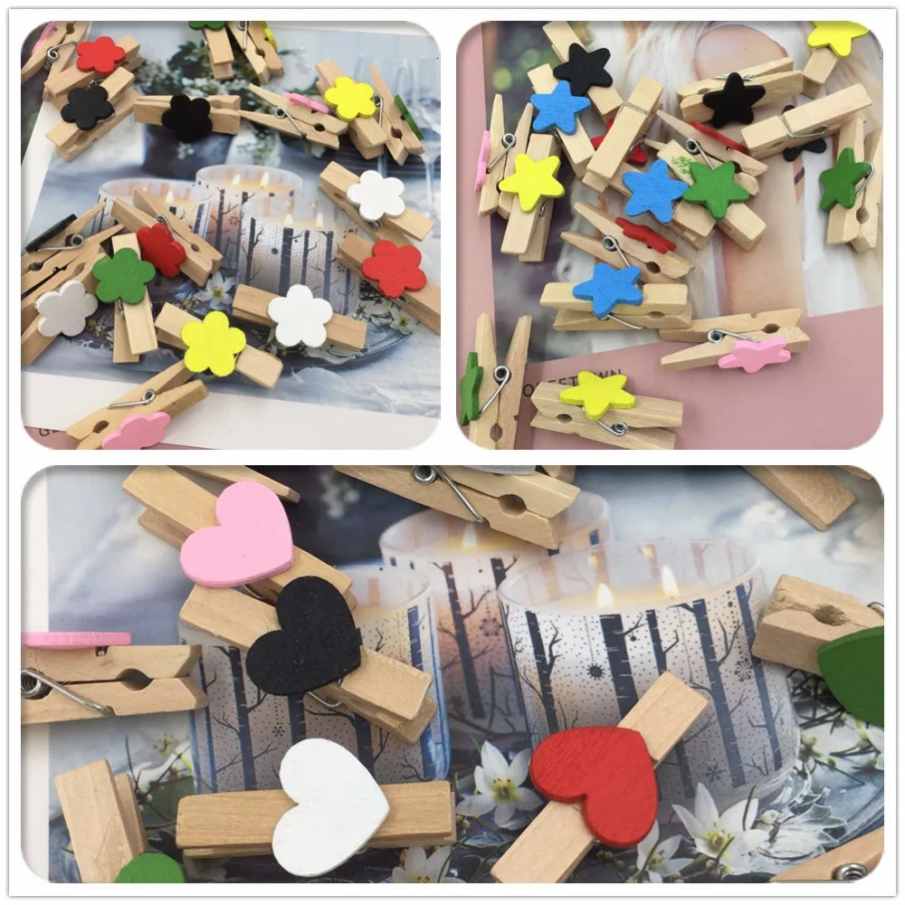 

20Pcs Colored Wooden Clips Love Heart Clips DIY Memo Photograph Clips Office Clothespin Craft Decoration Clips Pegs Decoration