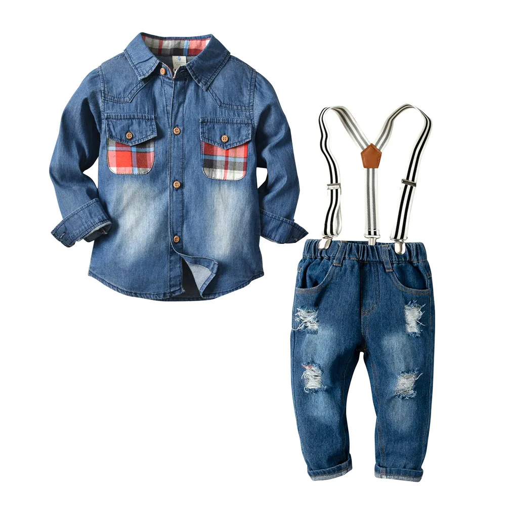 

2019 New Hot Boys Jeans Clothing Set Children Clothes Sports Suits Spring Autumn boy's long Sleeve Shirt + jeans Trousers