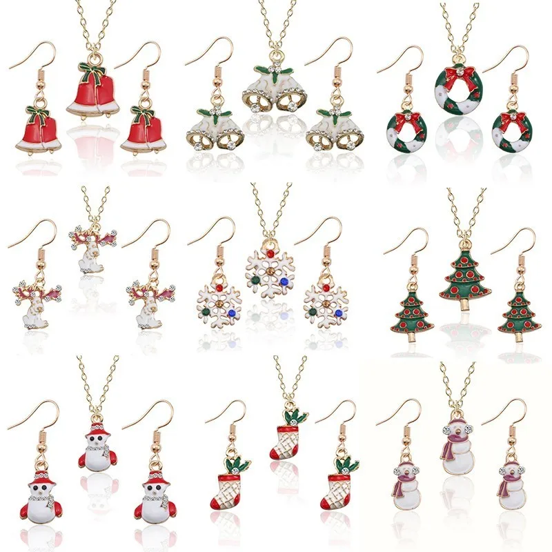

DIY Christmas Jewelry Set Necklace Earring Set For Women Cute Snowflake Red Bell Christmas Tree Necklaces Gold Chain Xmas Gifts
