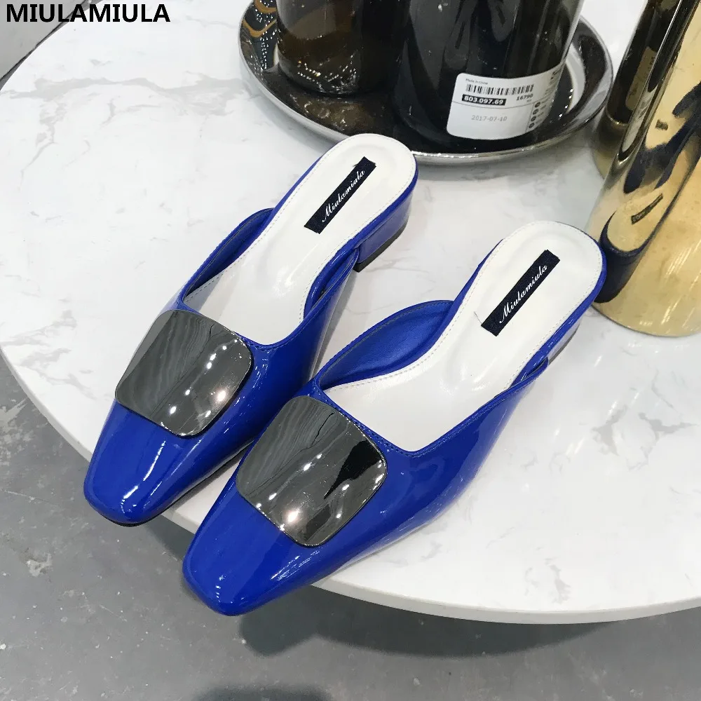 

MIULAMIULA Brand Designer 2019 Summer Luxury Metal Buckle Med Heel Woman Leather Shoe Lady Pumps Slip On Loafers Mules Flip Flop