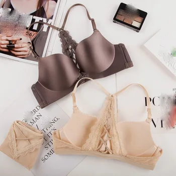 

Sexy Push Up Front Closure Y-line bras and panties Solid Black Seamless Deep-V Neck A B cup lace transparent cross underwear