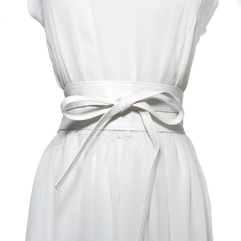 Fashion Women Soft PU Leather Self Tie Bow Wrap Around Waist Band Cinch Boho Belt for Lady - Цвет: Белый