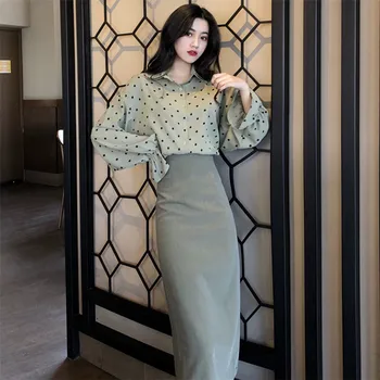 

Two Piece Dress Sexy Korean Women Skirt Outfits 2019 Spring New Polka Dot Shirt Bodycon Skirt Sets Lazy 2 pieces Matching Suits