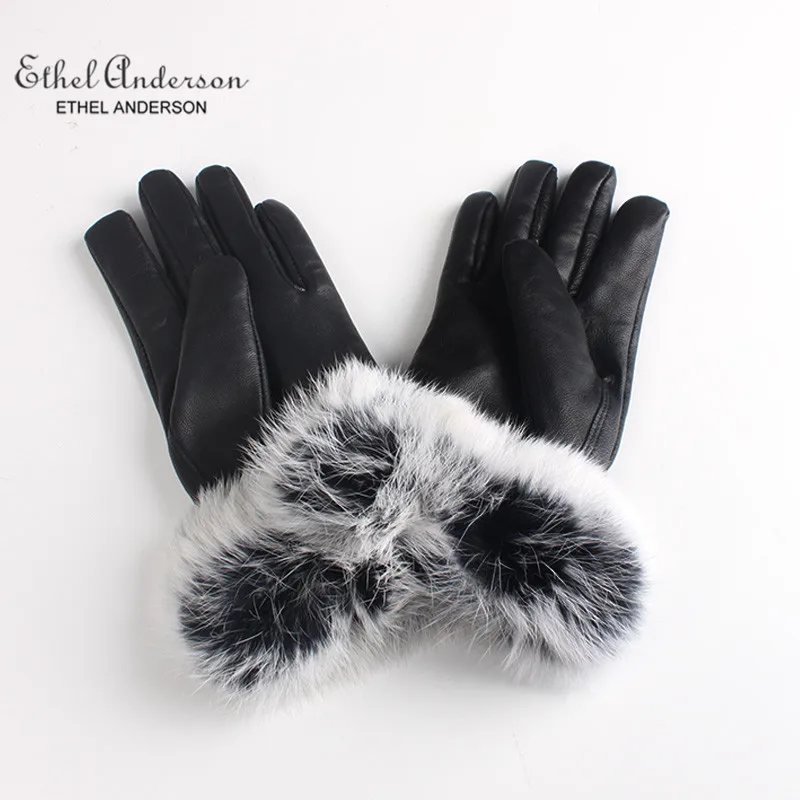 Этель Anderson Для женщин натуральная фермы с кроличьим мехом перчатки из натуральной кожи черный Цвет теплые варежки зимние элегантные