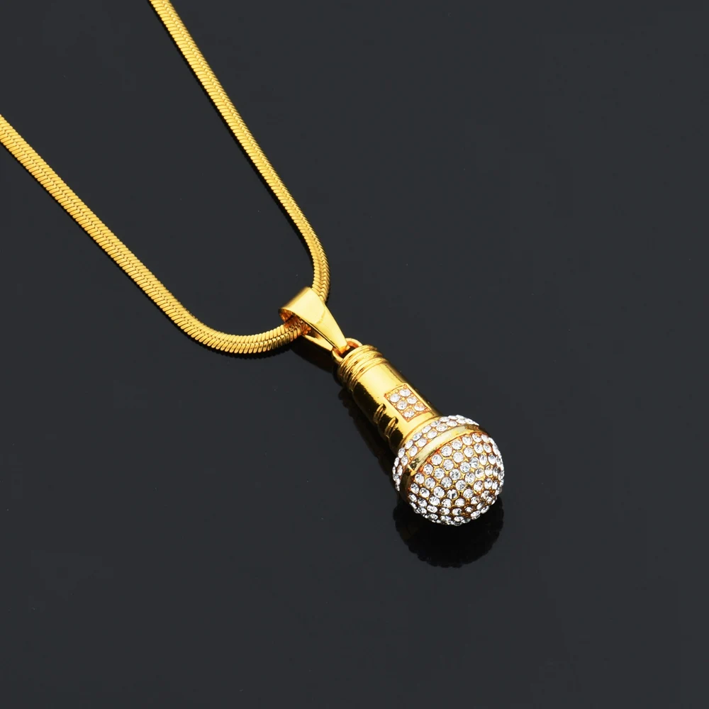 Goofan Hiphop Men Women Personality Gold Microphone with Rhinestone