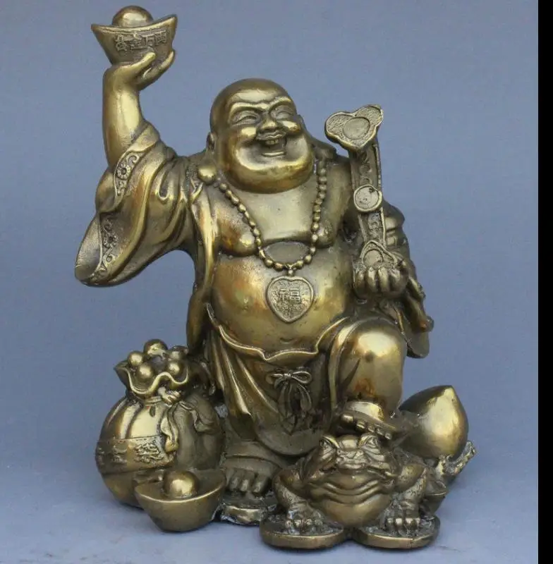 

2695<+China Bronze Wealth Happy Maitreya Buddha Up YuanBao Statue On Coin Bag Hoptoad