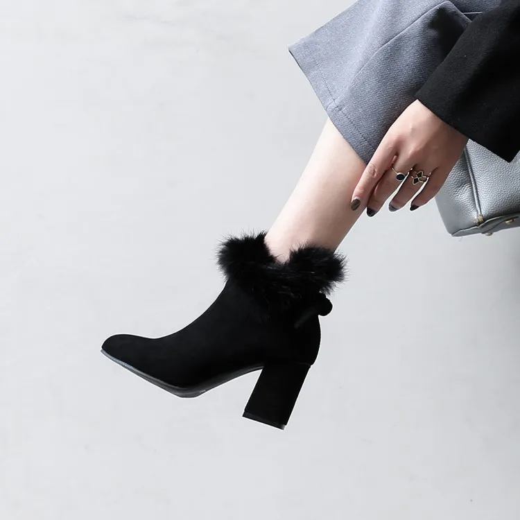 Womens Pointed Toe Booties Shoes Korean Bow Thick High Heel Large Size Fashion Ankle Boots Black Khaki Grey8