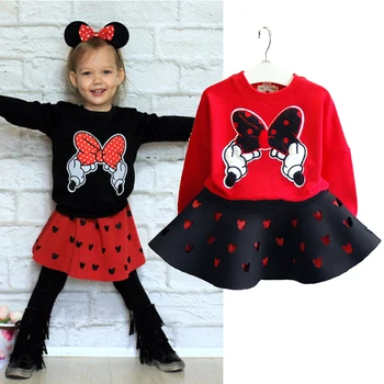 

Spring Autumn baby sweatshirt + hollow out skirt girls 2 pcs set kids suit children clothes bow minnie mickey miki 2 to 10 yrs