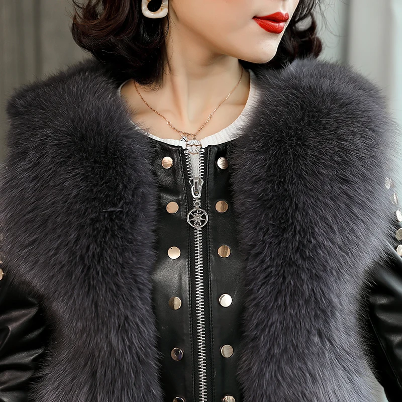 AYUNSUE/куртка из натуральной кожи, пальто с натуральным лисьим мехом, зимняя куртка для женщин, натуральная овчина, пальто, женские куртки-бомберы, MY3751