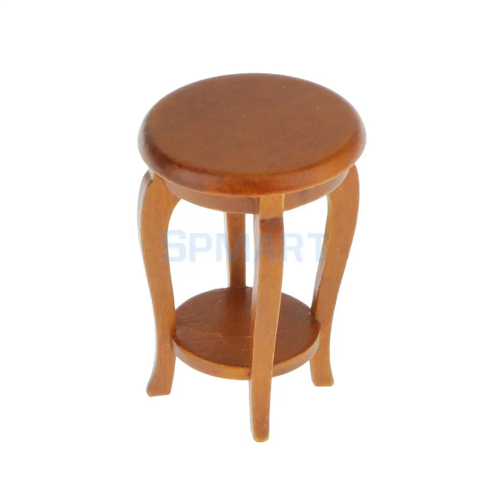 

Dollhouse Miniature Furniture Walnut Wooden Round Stool Kitchen Side Table Seat 12th Scale