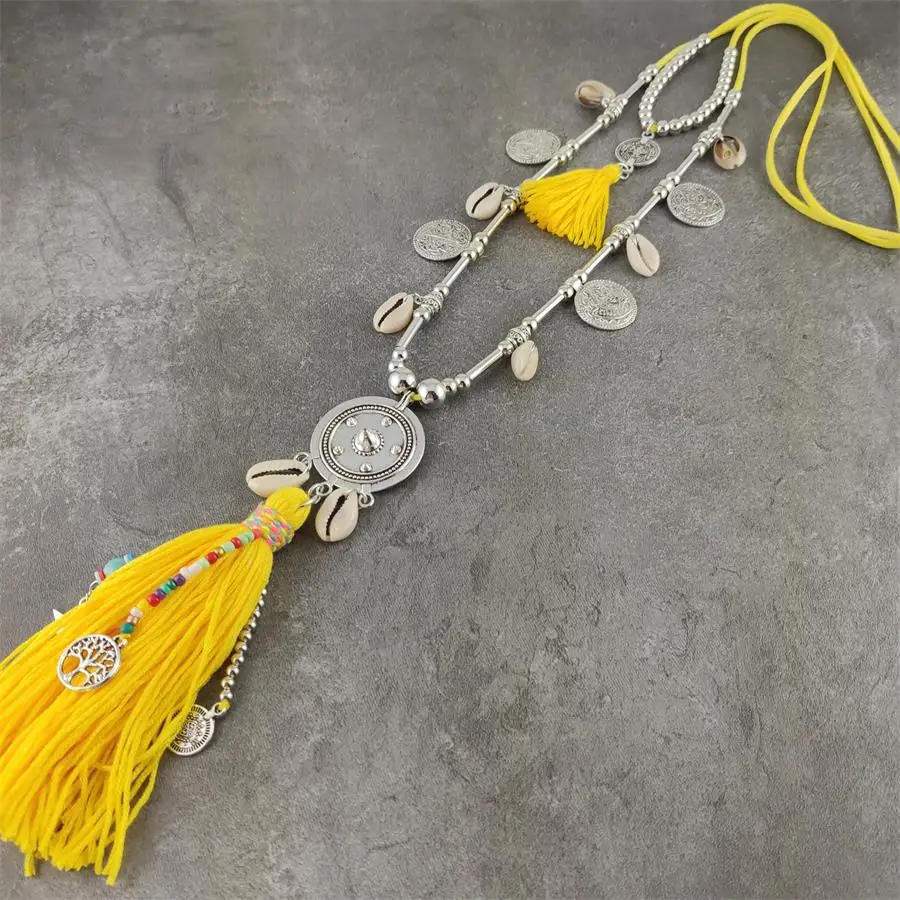 Бохо желтое ожерелье s для женщин Длинная оболочка красочные бусы кулон массивное ожерелье из бисера этнические ювелирные изделия ручной работы - Окраска металла: yellow