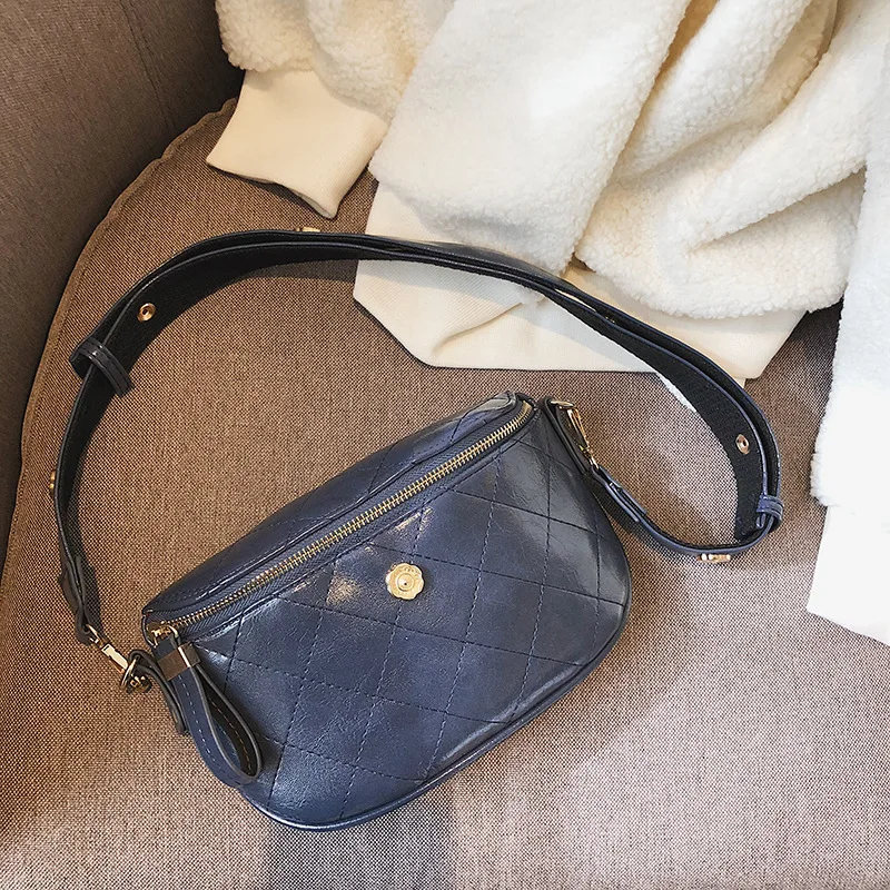 Кожаная поясная сумка, Женская поясная сумка, модная клетчатая Ретро коричневая Женская поясная сумка, черная поясная сумка, высокое качество, банановая нагрудная сумка, пояс - Цвет: Синий