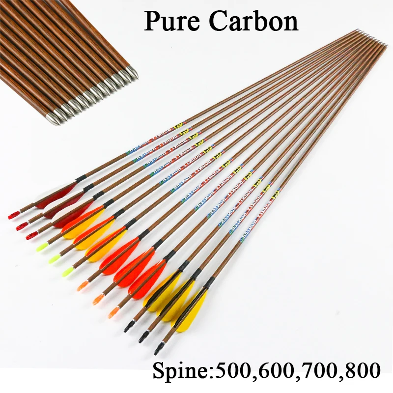 

12pcs Archery Wooden Skin Carbon Arrow Spine700 W/pin Nock 3'' Turkey Fletching Feather Complete for Recurve Bow Hunting