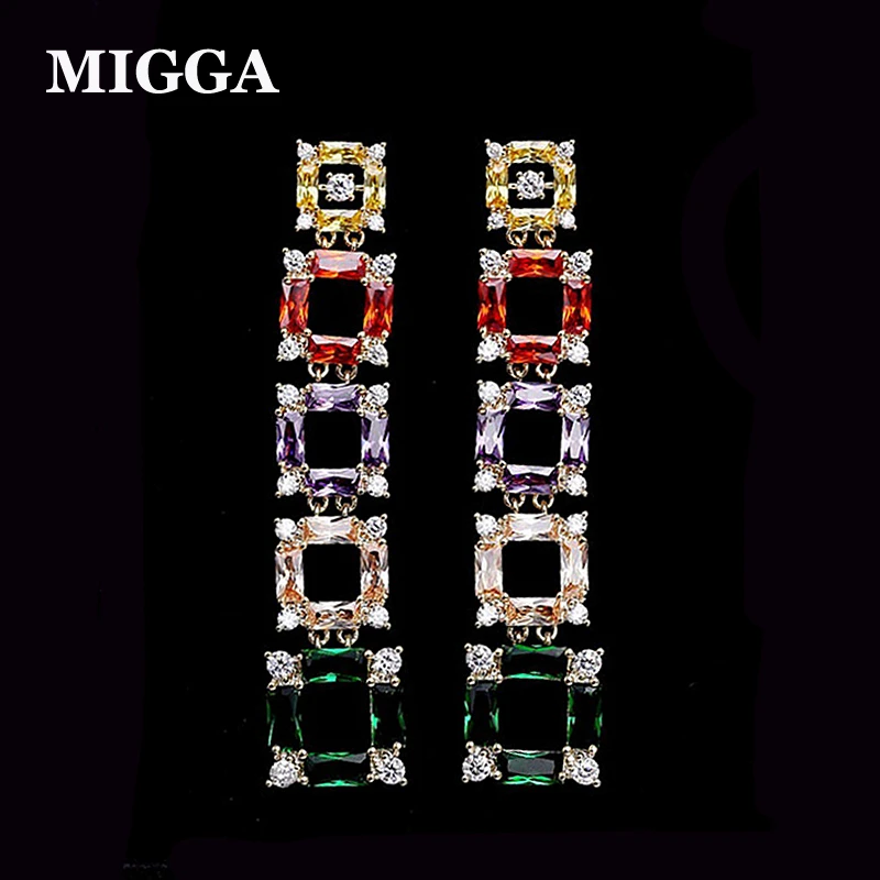 

MIGGA Hyperbole Colorful CZ Stone Zirconia Crystal Square Large Long Luxury Earrings Women Party Jewelry