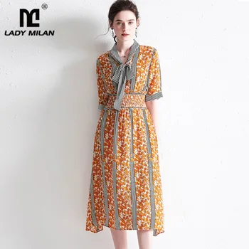 

Lady Milan 100% Silk Women's Runway Dresses Bow Collar Short Sleeves Striped Floral Printed Ruffles Elegant Casual Dresses