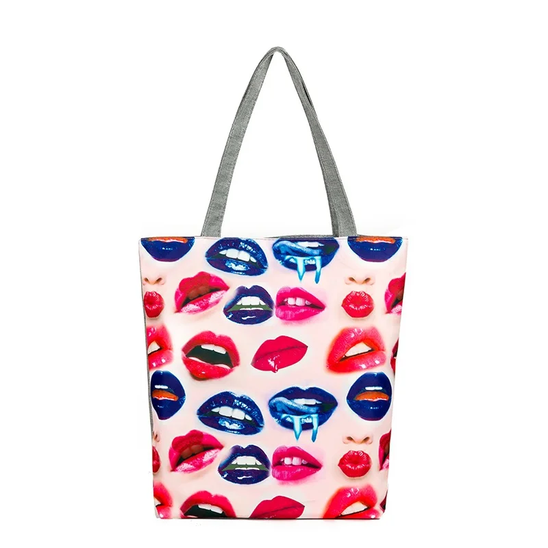 

Fashion Lips Printed Canvas Tote Female Single Shopping Bags Large Capacity Women Canvas Beach Bags Casual Tote Feminina