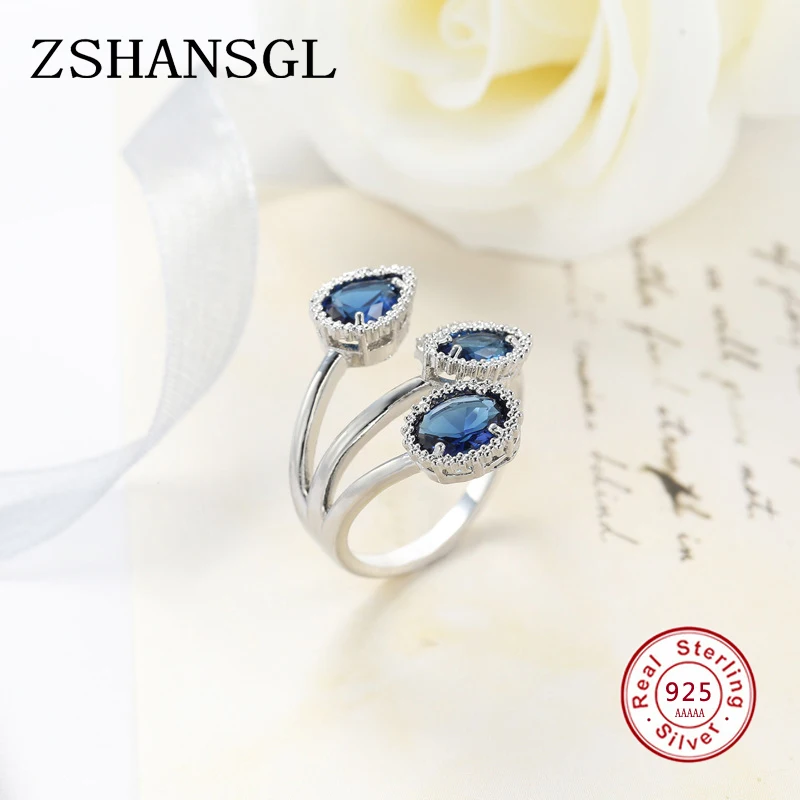 Classic 925 Sterling Silver High Quality Clear Blue Sparking CZ Geometric Stackable Opening Rings for Women Wedding Jewelry Gift