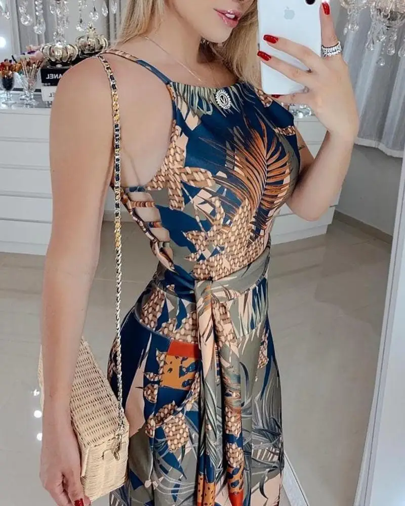 

Summer Women Elegant Vacation Sexy V-Neck Casual Romper Female Wide Leg Overalls Tropical Print Spaghetti Strap Long Jumpsuit
