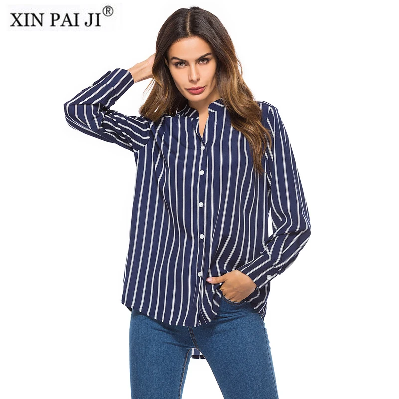 Blue Striped Shirt Women 2018 Spring Stand Coallr Cotton Casual Blouses ...