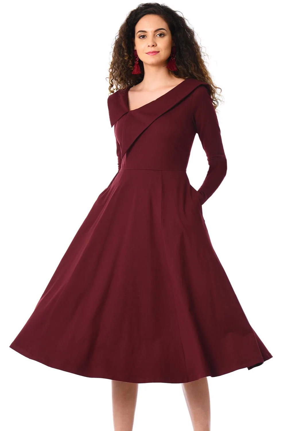 Burgundy-Retro-Inspired-Asymmetric-Collar-Flared-Dress-LC610388-3-1