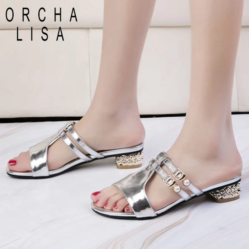 

ORCHA LISA Big size 33-43 women slippers open toe buckle pearl square low heels gold silver slides flip flops summer party mules