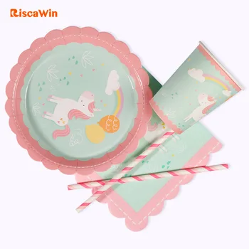 

Riscawin 8/10pcs Little Unicorn Disposable Tableware 1st Birthday Party Plates/Cups Paper Straws Baby Shower For Kids Girls Boys