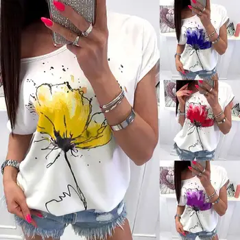 

New Summer Casual Women Flower Print One Shoulder Loose Short Sleeve T-Shirt Top футболка женская