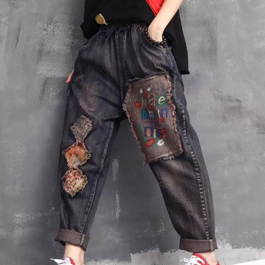 Women Denim Pants Bottom Jeans Trousers for Ladies Long Big Loose Embroidery Print Patchwork Casual Vintage Fashion 180455