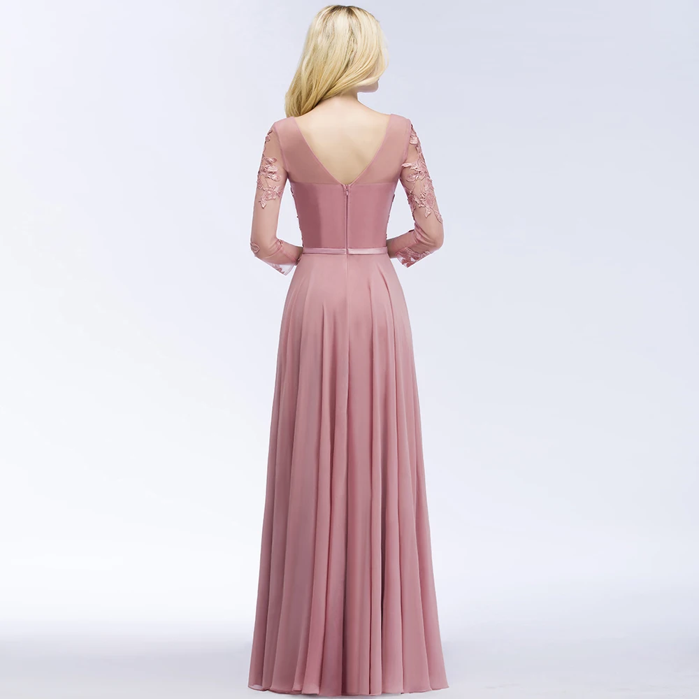 Gorgeous Three Quarter Sleeve Pink Lace Evening Dress Long Sexy V Back Evening Gowns with Sashes Robe de Soiree Longue