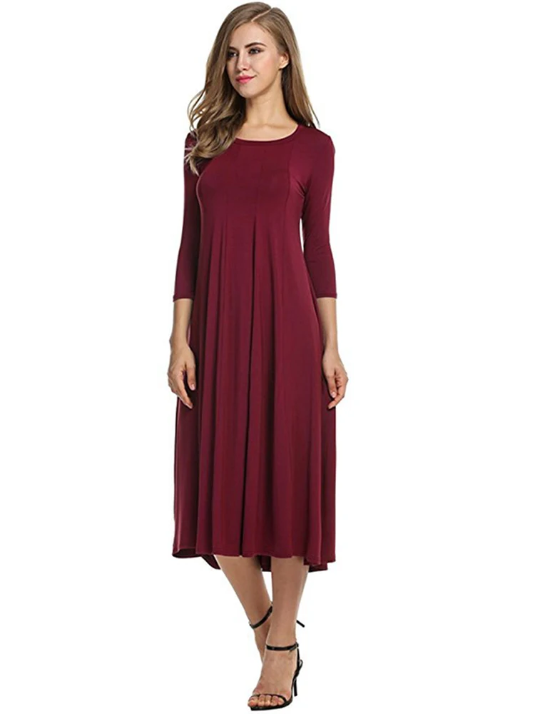 S 3XL Women Casual Vintage Dress Casual Loose Solid Long Draped Dresses