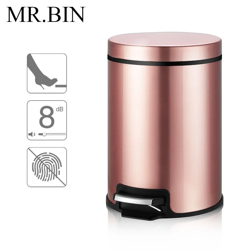 

MR.BIN Stainless Steel Rose Gold Trash Can Foot Pedal Round Waste Bin Anti Fingerprint Slow Down and Mute Garbage Bin for Home