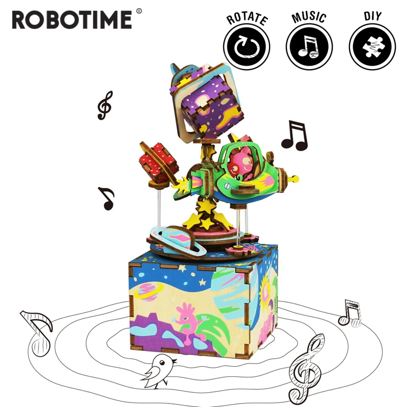 

Robotime DIY Spaceship 3D Wooden Puzzle Game Assembly Rotatable Music Box Toy Gift for Children Adult AM403
