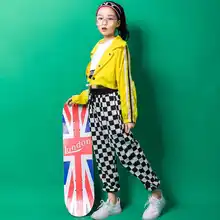 Джазовые танцевальные костюмы; желтое Укороченное пальто; Штаны для бега; сезон весна ; костюм для девочек в стиле хип-хоп с длинными рукавами; Детский костюм для девочек