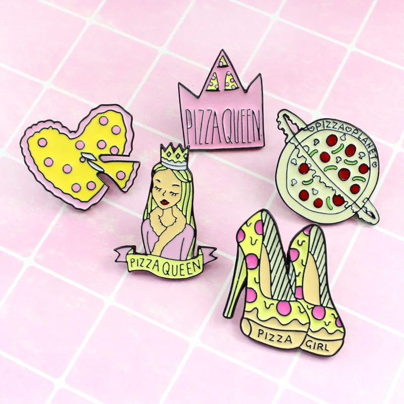 

Cartoon high heels Enamel Brooch pizza queen heart crown Brooch dress Lapel Pin Badge food jewelry gift