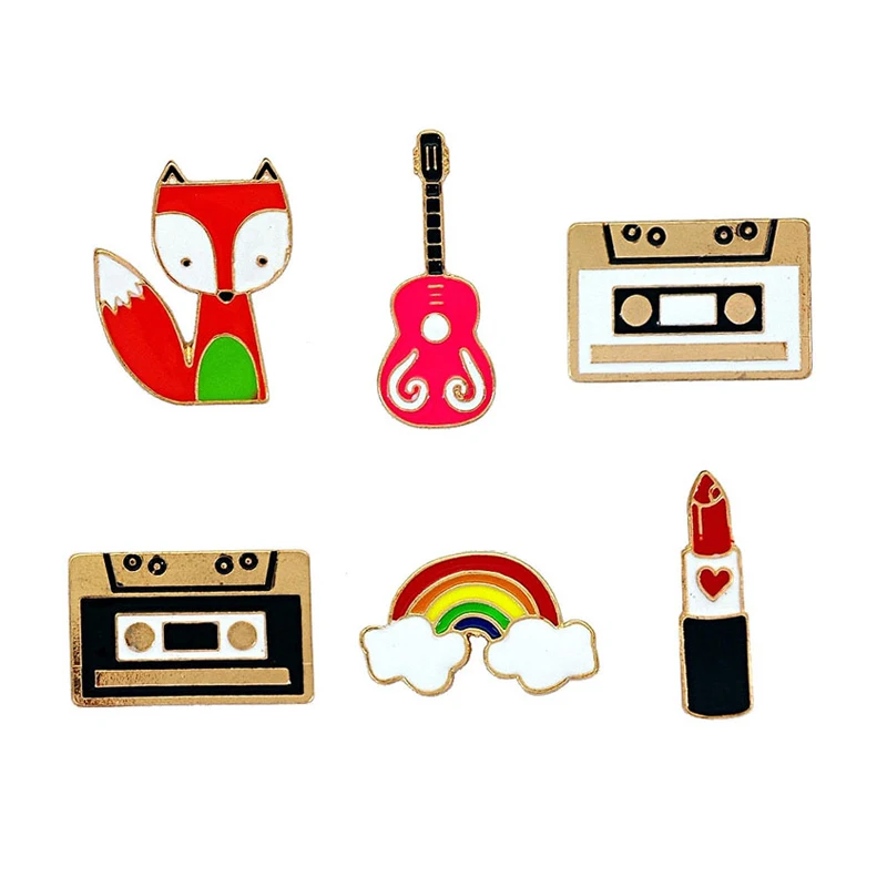 

Cartoon Cute Metal Badge Tape Rainbow Guitar Fox Lipstick Enamel Brooch Lapel Pin Denim Clothes Pins Fashion Brooches for Women