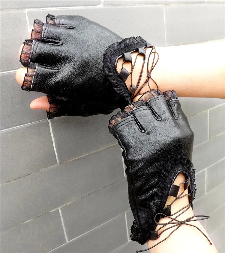 Женские кружевные кожаные перчатки без пальцев, женские танцевальные Модные женские варежки на весну, лето, зиму, черные настоящие перчатки на полпальца