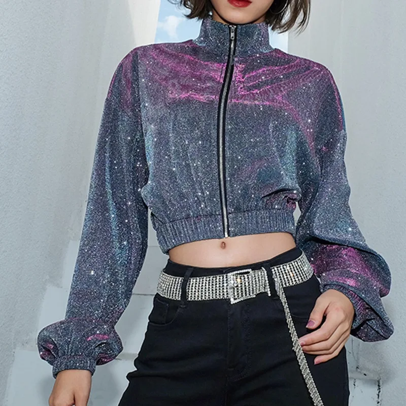 

Women Loose Shiny Zipper Jacket Cropped Streetwear Long Sleeve Jackets Women Spring Autumn vogue Crop Top