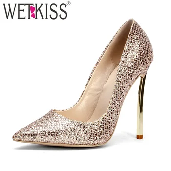 

WETKISS Shallow Stiletto Heels Women Pumps Pointed Toe Shoes Bling Slip On Footwear 2018 New Summer Fashion Ladies Wedding Shoes