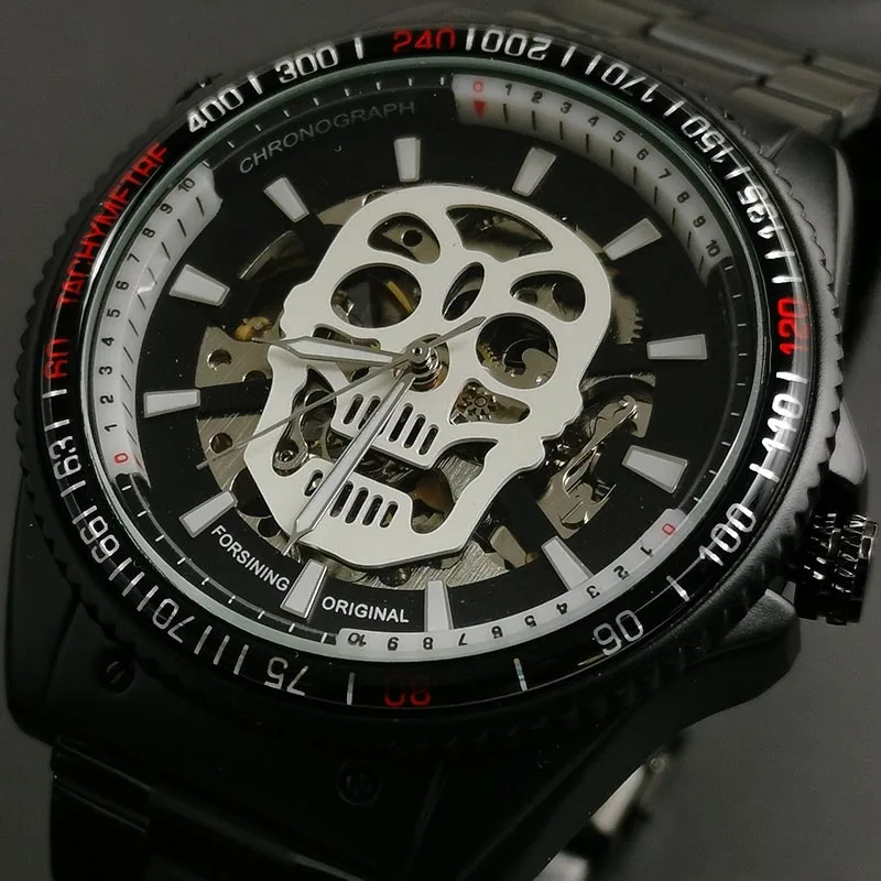 

2019 New Fashion Mechanical Watches Mens Skull Design Black Stainless Steel Skeleton Auto Wrist Watch for Men