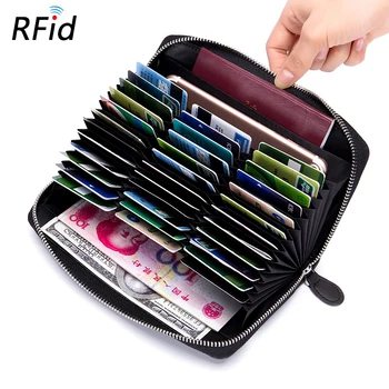 

High Capacity Unisex RFID Card Holder Wallet Genuine Leather Man Long Zipper Wallets Credit Cards Change Purses With Wrist Strap