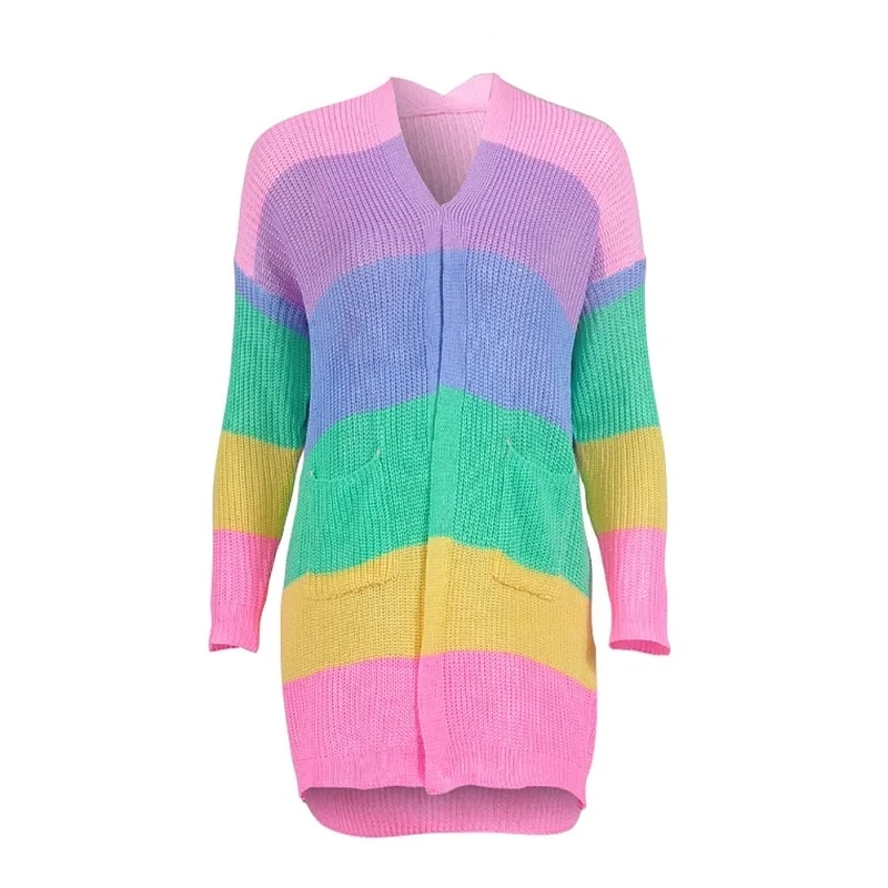 Autumn Sweater Women Long Sleeve Patchwork Knitted Open Front Rainbow Striped Cardigan Women Coat sueter mujer invierno 2019