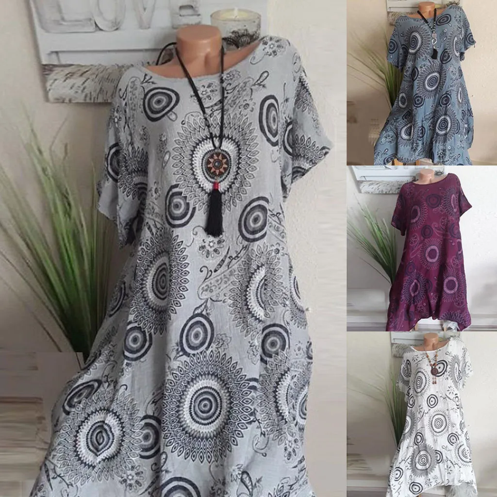 

Women Summer Loose Long Boho Dress Plus Size O-Neck Casual Print Daily Casual Beach Holiday Short Sleeve Mini Club Womens Dress