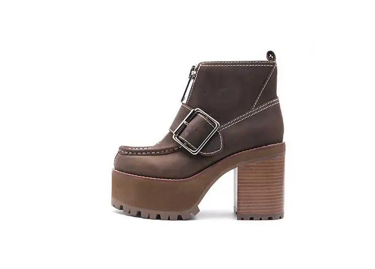 

Dipsloot Women Fashion Big Buckle Decorated Sqaure High Heels Ankle Boots Lady High Platform Zip Casual Shoes Woman Short Boots