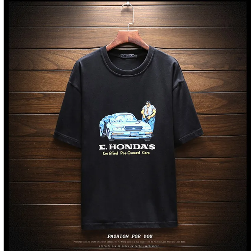

2018 Summer Korean Version Of The Explosion Models New Car Cheer Driver Creative Casual RoundNeck Print Slim Short Men T- shirt