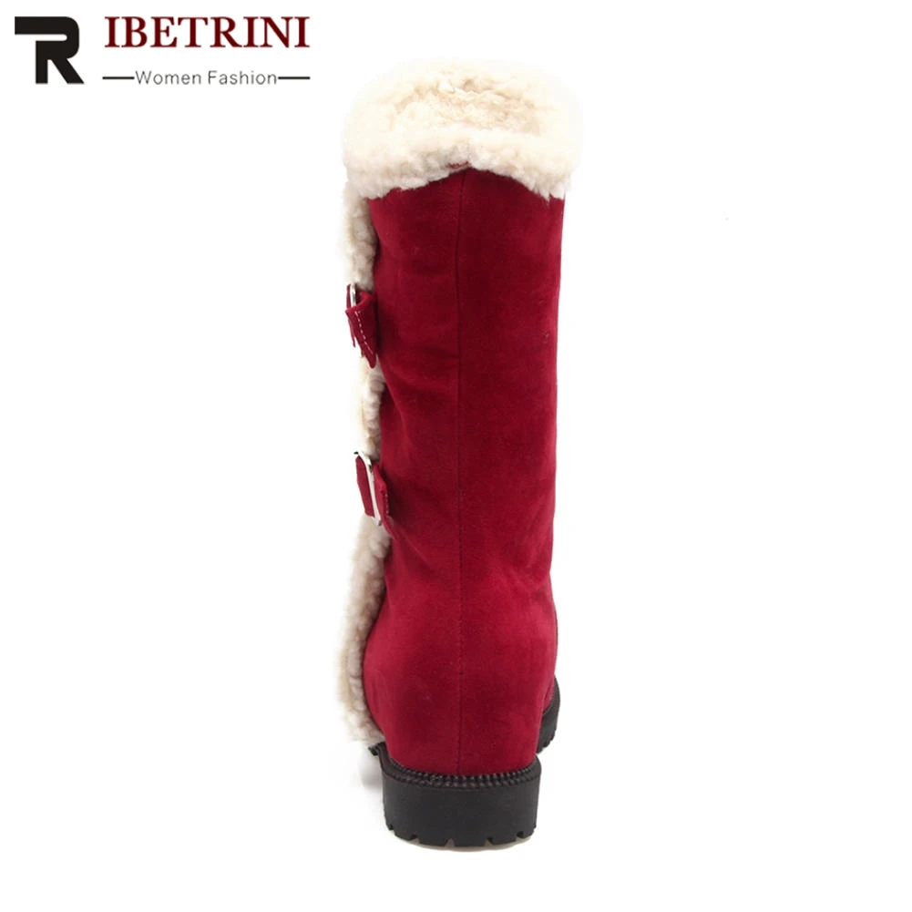 RIBETRINI/Размеры 33-43, Очаровательная зимняя меховая обувь на скрытой резиновой платформе с двойной пряжкой женские зимние сапоги до середины икры