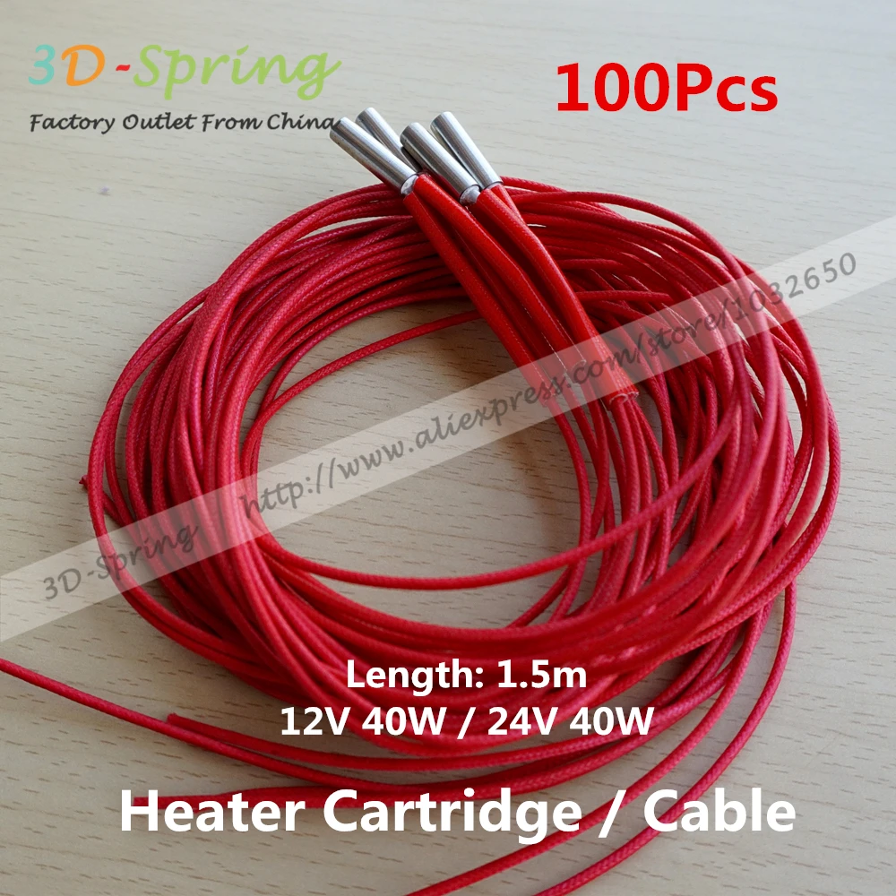 100Pcs Heater Cartridge Cable Length 1.5M 6*20mm 12V / 24V 40W For Reprap Mendel Prusa For