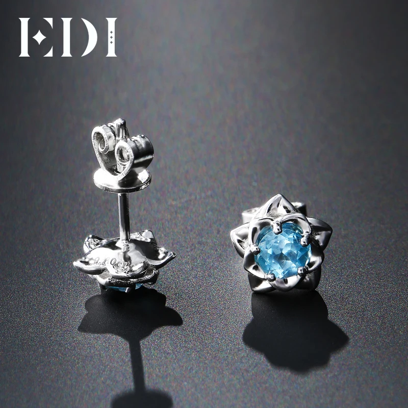 EDI 0.6cttw Blue Topaz 925 Sterling Silver Stud Earrings Women Simple Solitaire Rose Beauty And The Beast Design Fine Jewelry