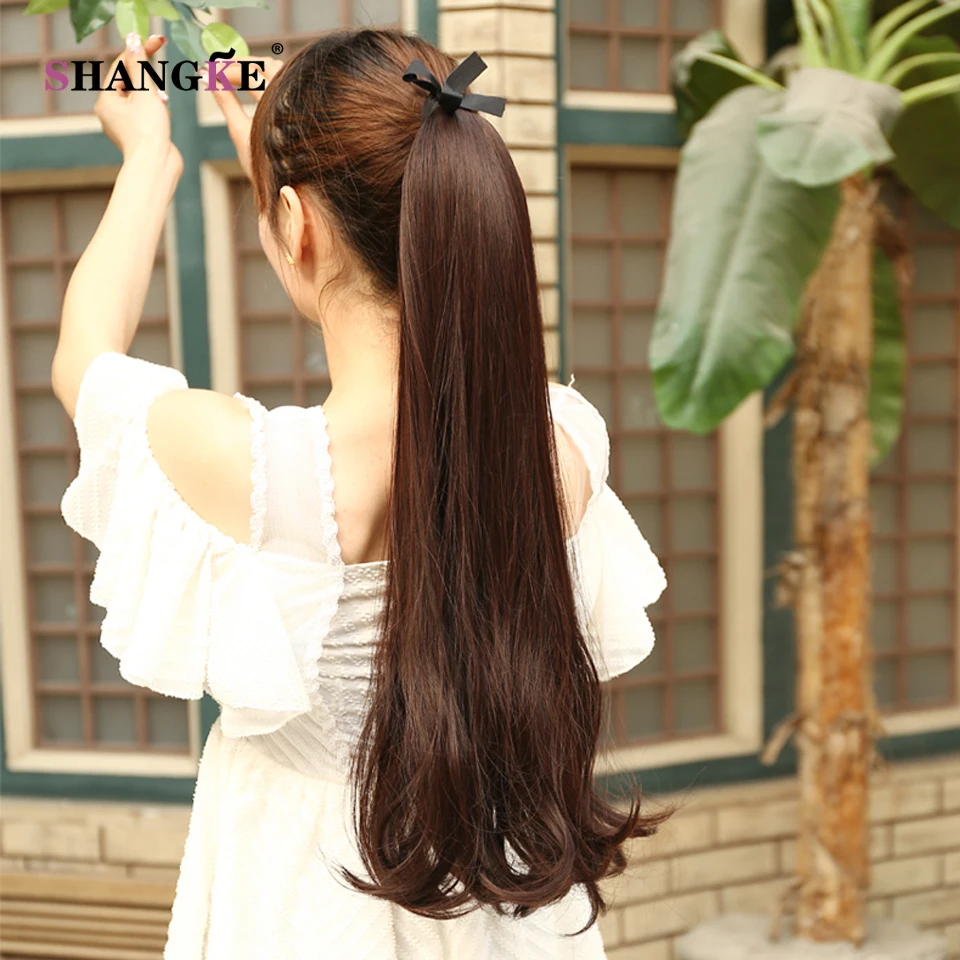  SHANGKE Long Curly Synthetic Ponytail Clip In Ponytail Claw Drawstring Ponytail Heat Resistant Clip