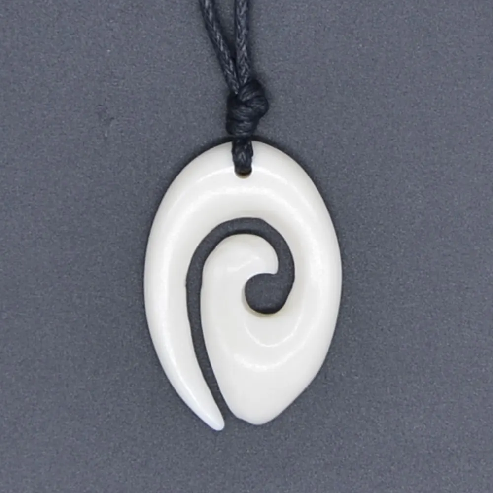 New Zealand Maori Handmade Carved Ox Bone "KURO" Pendant Necklace