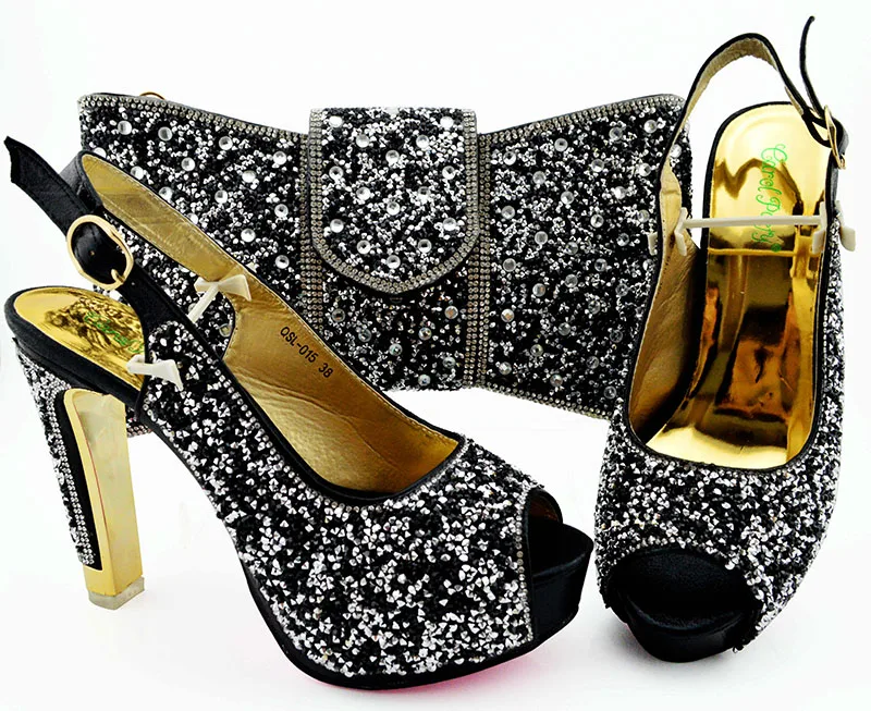 

Free shipping black shoes matching bag set in black with many rhinestones italian shoes and bag set sandal clutches bag SB8364-4